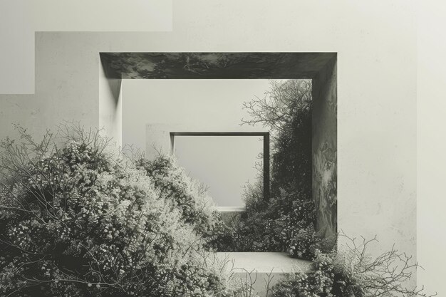 A black and white window frame filled with various plants such as succulents and herbs indoors Explore the concept of negative space by leaving areas open and unadorned