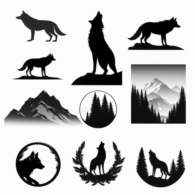 Photo black and white wolf icons sleek vector logos and minimalist designs