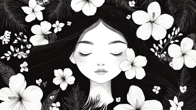 Photo black and white woman with flowers illustration