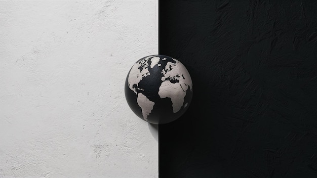 a black and white world globe is hanging on a black door