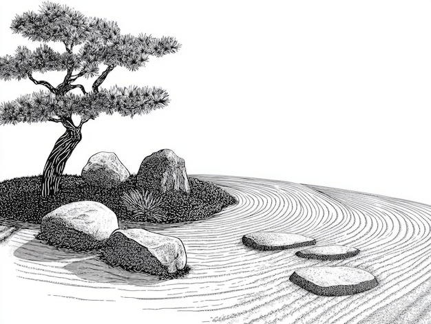 Photo black and white zen garden illustration with pine tree and rocks