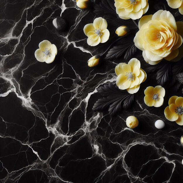 A black and whitemarble texture with yellow flowers and leaves decoration on it