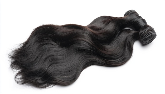 a black wig laying on a white surface with a black and grey stripe