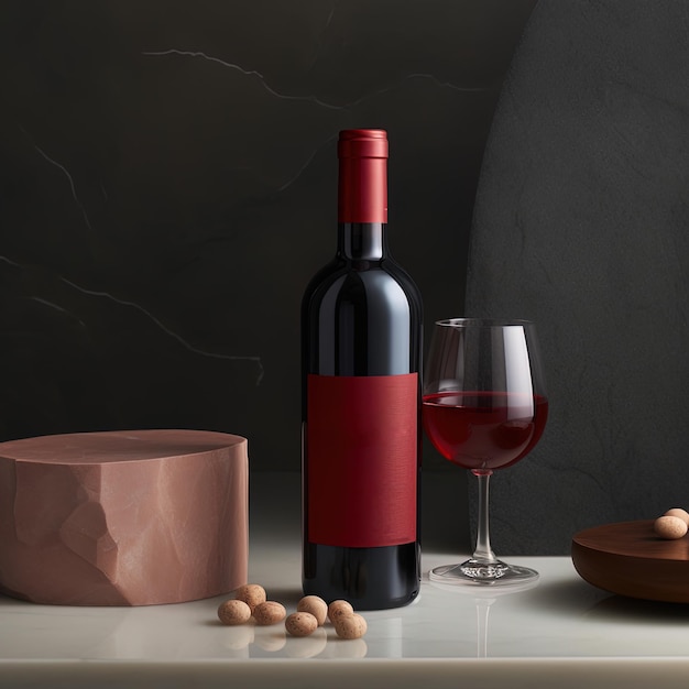 Black wine bottle mockup with empty label for you logo and glass wine on the table