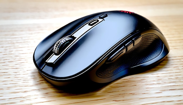 Black Wireless Computer Mouse on Wooden Desk