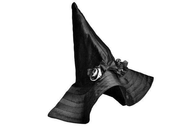 Black witch hat with flower isolated on white background Part of a halloween costume Design element