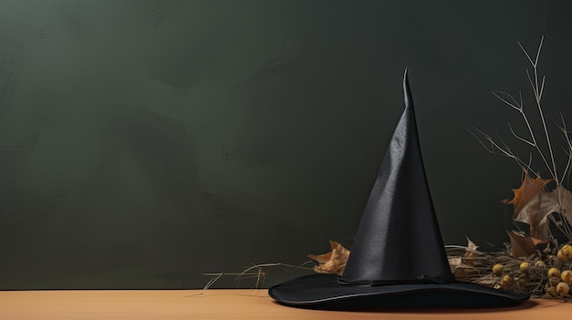 A black witch's hat sits on a wooden table next to a chalkboard with a blackboard behind it.