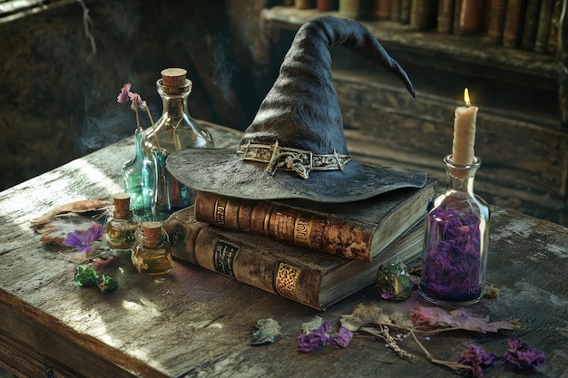 A black witch39s hat sits on top of a stack of books