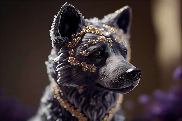 A black wolf statue with gold beads on its head