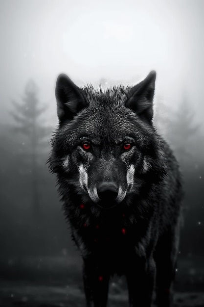 A black wolf with red eyes and a black background