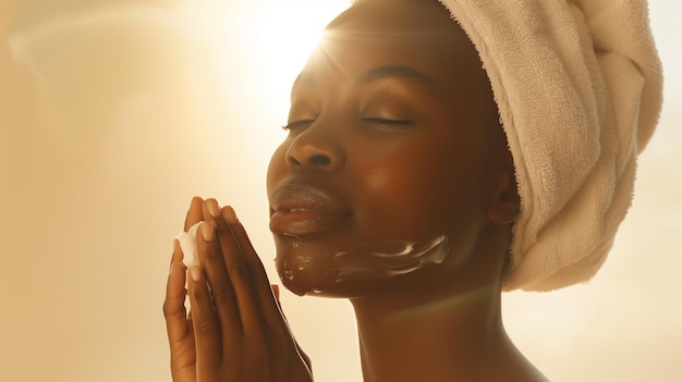 A black woman applying face cream with her eyes closed wearing a towel on her head