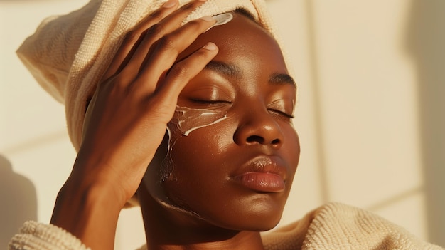 A black woman applying face cream with her eyes closed wearing a towel on her head