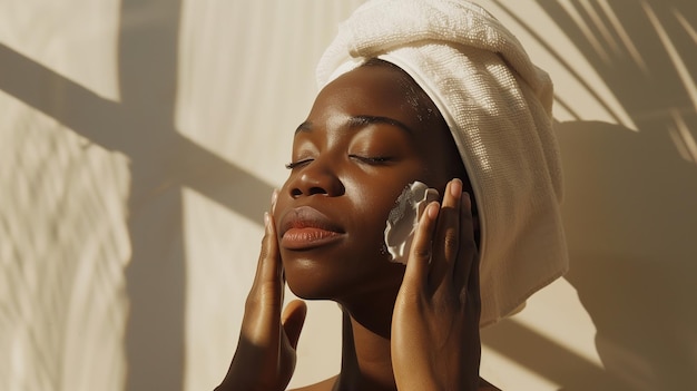 A black woman applying face cream with her eyes closed wearing a towel on her head