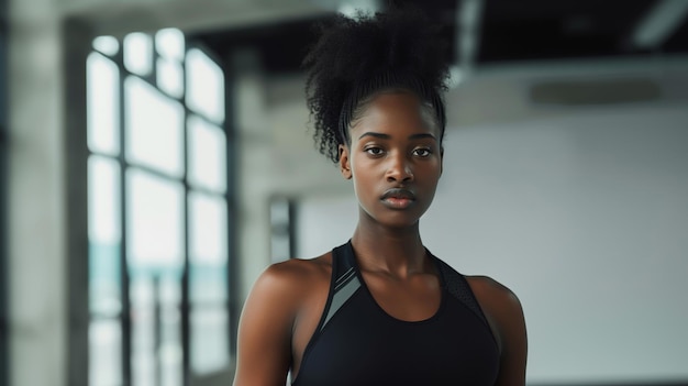 A black woman in black fitness wear standing at the gym looking into the camera natural light