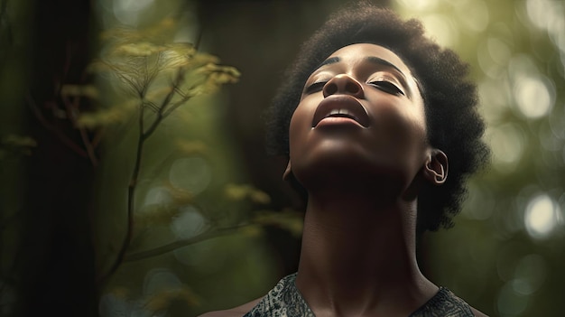 A black woman breaths fresh air on the forest black people Generative AI