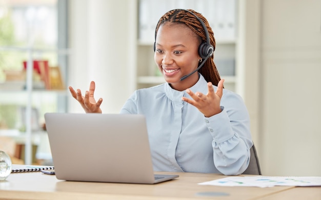 Black woman call center and laptop webinar for workshop training on zoom meeting in company or startup office Happy smile and motivation employee with innovation vision idea in crm video conference