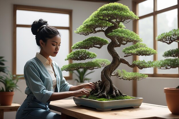 Photo black woman caring for bonsai tree collection generative ai