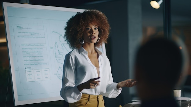 A black woman confidently presenting in front of a whiteboard explaining her ideas