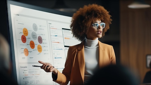 A black woman confidently presenting in front of a whiteboard explaining her ideas