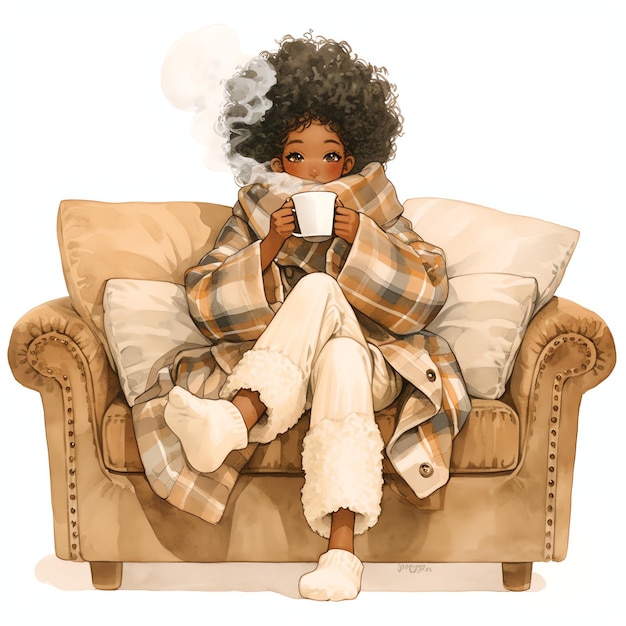 black woman in cozy winter outfit sitting on sofa drinking coffee watercolor cozy