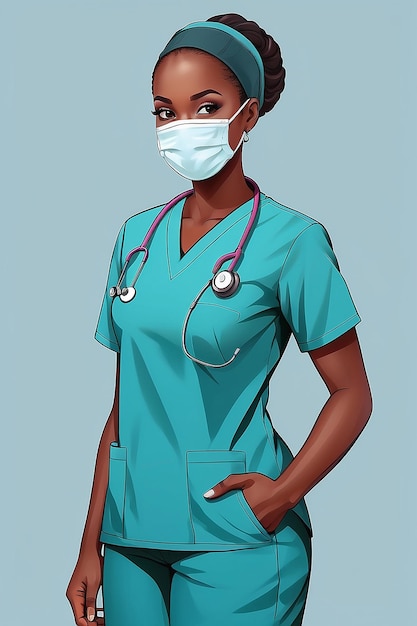 Photo a black woman doctor or nurse medical healthcare health professional in scrubs mask and ppe illustration