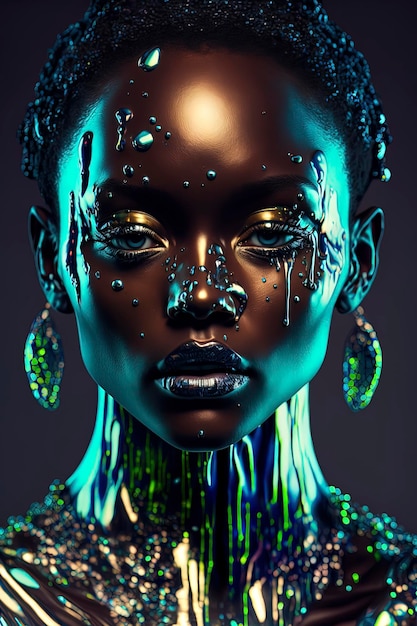 Black woman dripping in metal lacquer neon scifi liquid glass psychedelic dmt iridescent mask AIGenerated