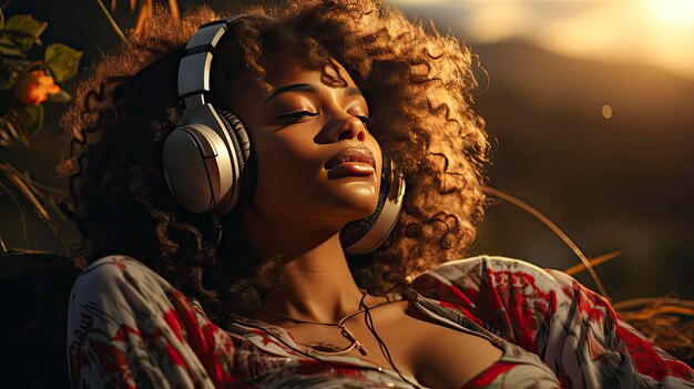 Black woman enjoying music in sunset light