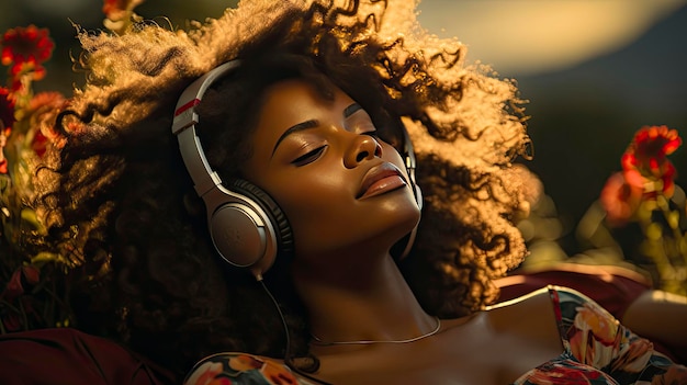 Black woman enjoying music in sunset light