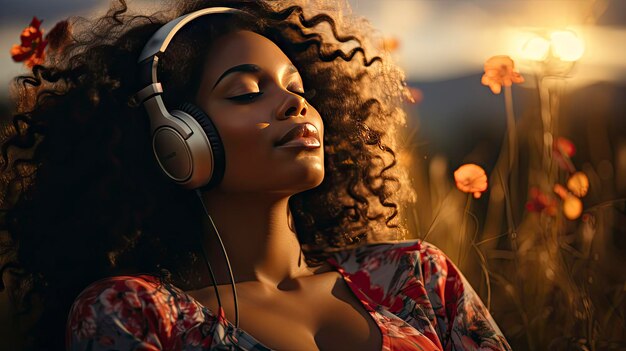 Black woman enjoying music in sunset light