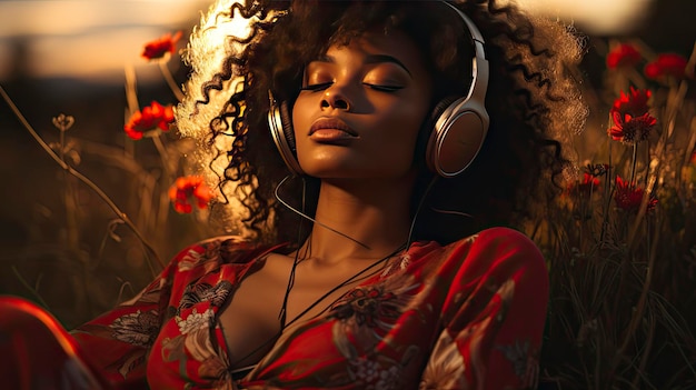 Black woman enjoying music in sunset light