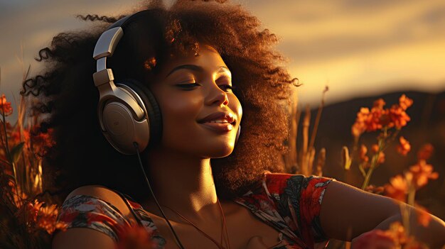 Black woman enjoying music in sunset light