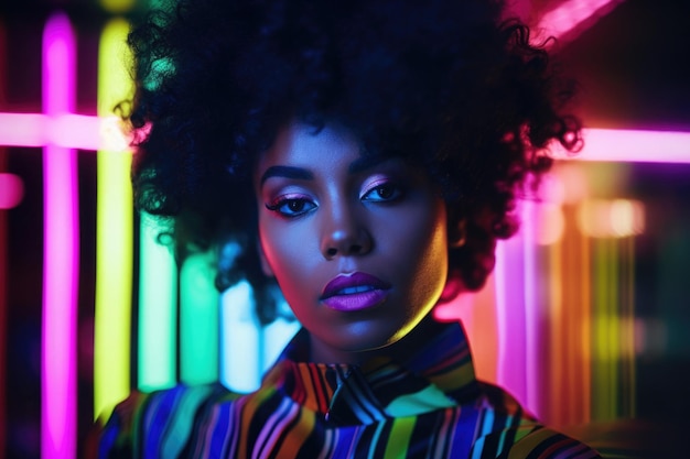 Black woman fashion portrait on abstract colorful background Afro american female model looking at camera neon colored lighting Created with Generative AI