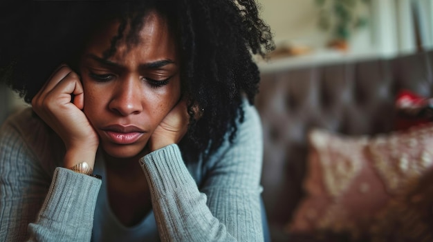 Black woman feeling depression symptoms alone at home