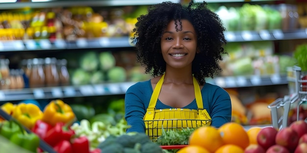 Black Woman Grocery Shopping with Cart in a Store Concept Black Woman Grocery Shopping Grocery Store Cart Shopping Outfit