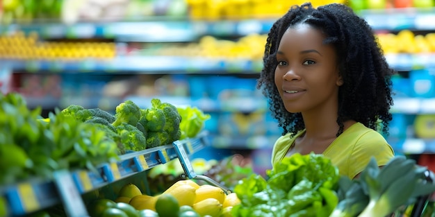 Black woman grocery shopping with cart in store Concept Black woman grocery shopping supermarket shopping cart lifestyle