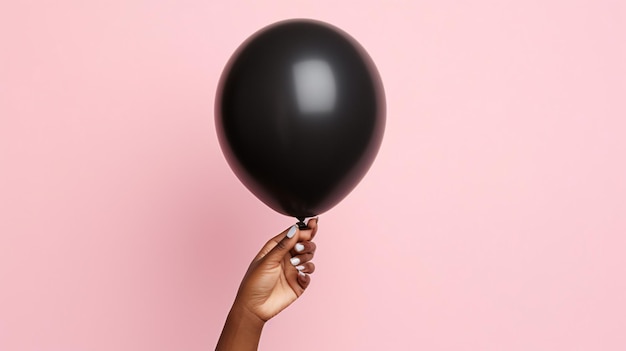 black woman hand holding pink balloon against pastel