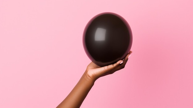 Black woman hand holding pink balloon against pistel