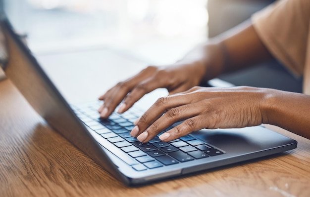 Black woman hands student and laptop typing keyboard and studying for research elearning and internet college course online class and blog planning Closeup person work from home and email tech