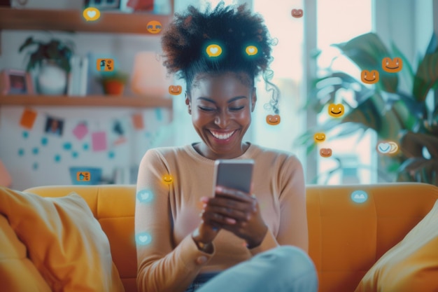 A Black woman is sitting on a yellow couch at home and using her smartphone There are digital icons and smiley faces surrounding her as she scrolls through social media posts Generative AI