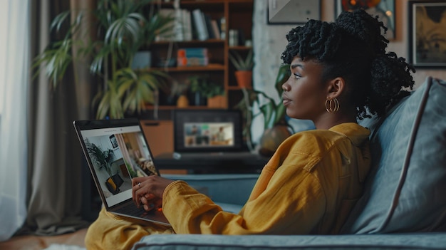 A Black woman looking at vacation rental photos on her computer at home