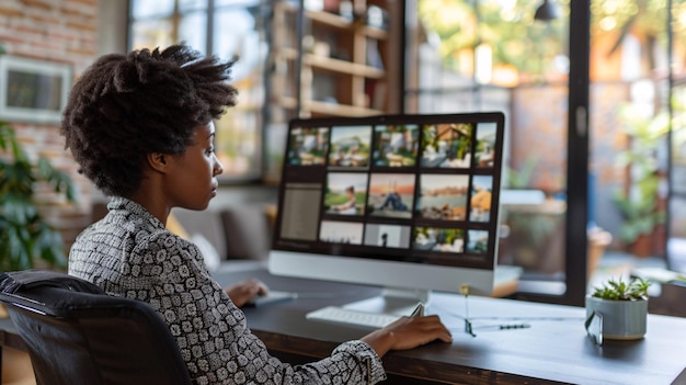 A Black woman looking at vacation rental photos on her computer at home