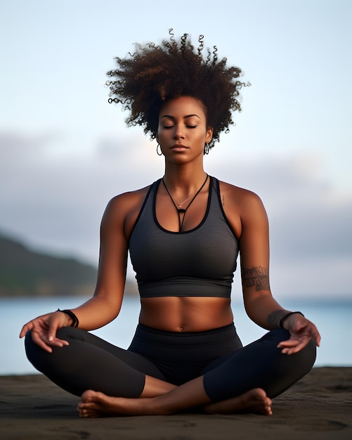 black woman in lotus pose on the beach