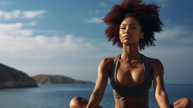 black woman in lotus pose on the beach