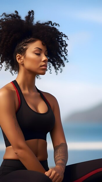 black woman in lotus pose on the beach