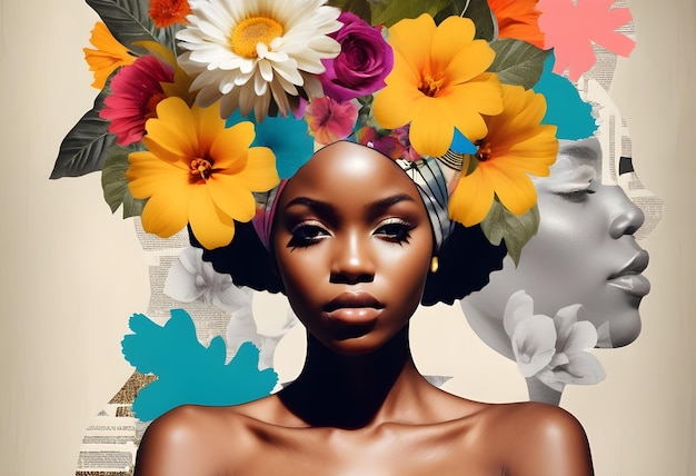 Black Woman Portrait With Colorful Flowers and Patterned Head Wrap