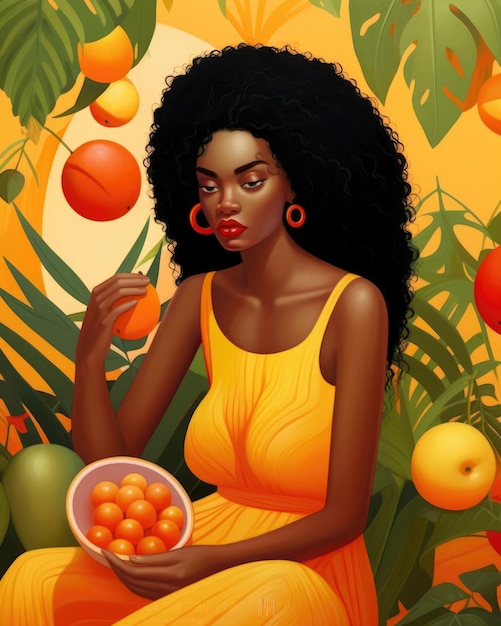 Black woman portrait with tropical fruits fantasy illustration ai generative