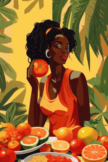 Black woman portrait with tropical fruits fantasy illustration