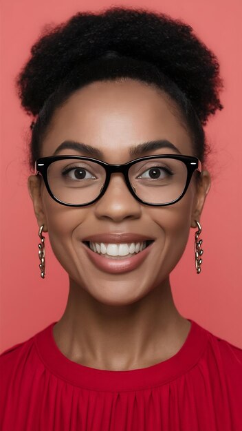 Photo black woman portrt and glasses with frames for fashion style or smart casual agnst studio backgroun