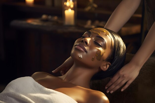 Black woman receiving massage and facial treatment at luxury spa