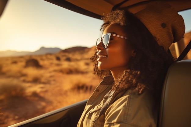 Black woman on road enjoying window view of desert and traveling in jeep on holiday road trip